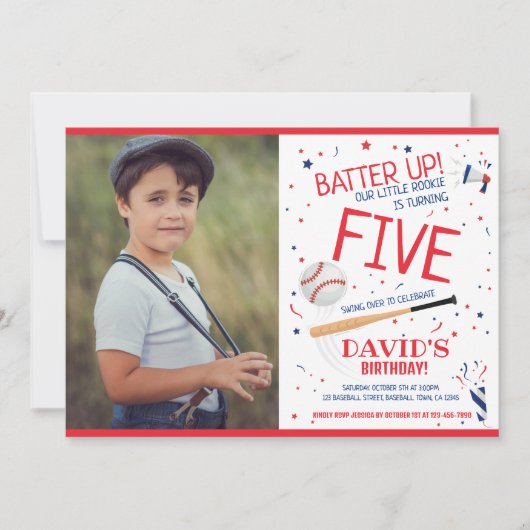 Rookie Batter Up Red Baseball Foto Verjaardag Kaart (Voorkant)
