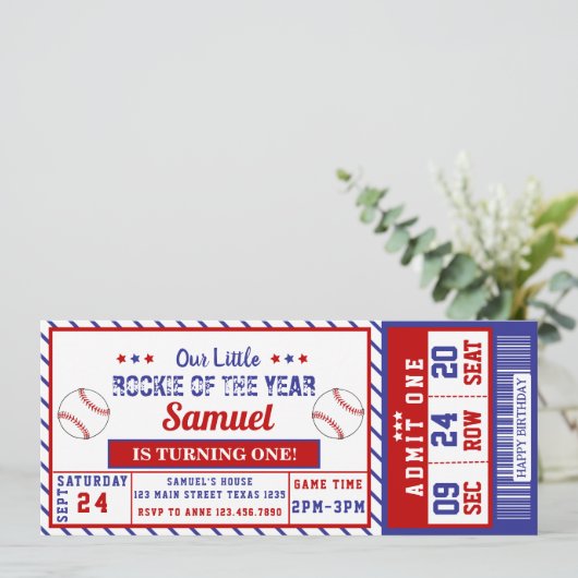 Rookie Jaar 1e Verjaardag Honkbal Ticket Kaart (Staand voorkant)