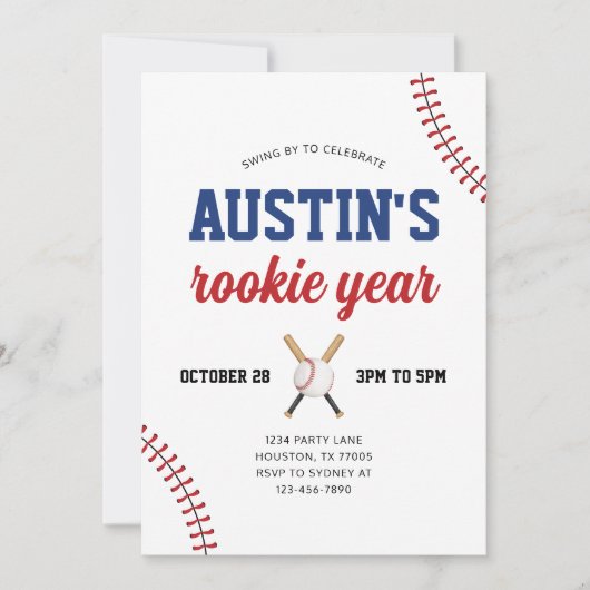 Rookie Jaar Baseball 1e verjaardag Uitnodiging (Voorkant)