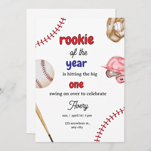 Rookie of the Year Baseball 1st Birthday Invitatio Kaart (Voorkant / Achterkant)