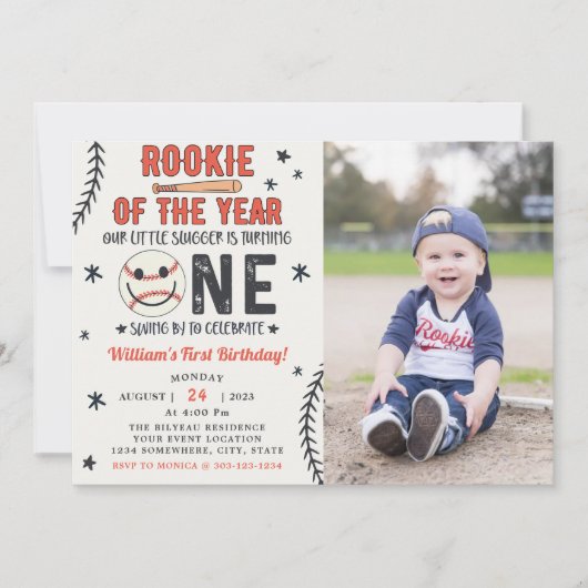 Rookie van het jaar eerste verjaardag honkbal foto kaart (Voorkant)
