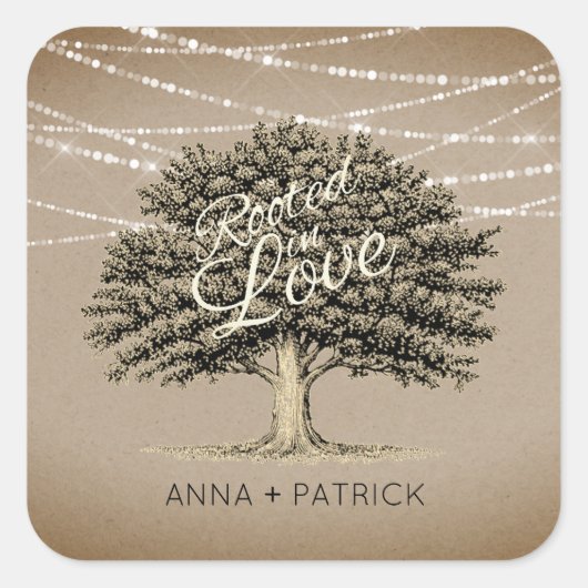 Rookt in Love Rustic Tree String Lights Wedding Vierkante Sticker (Voorkant)