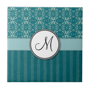 Room op Blauwgroen Damast met Strepen en Monogram Tegeltje
