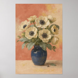 Roomhooge Anemoon in Kobaltblauwe Vaas Bloemkunst Poster