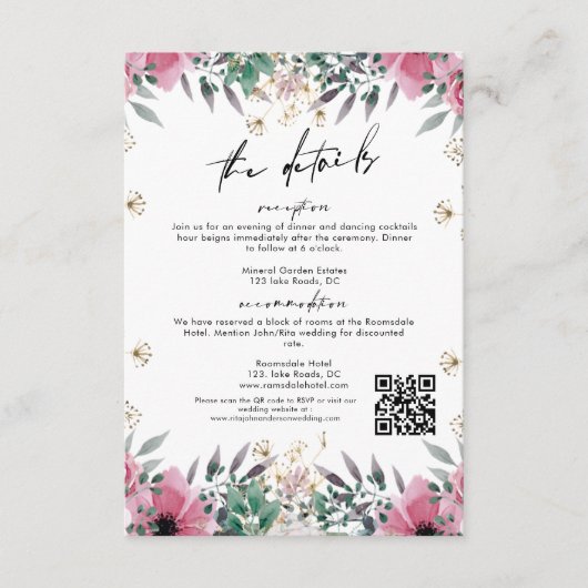 Roos Anjer Minimalistische Script Wedding Details Informatiekaartje (Voorkant)