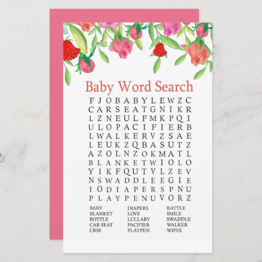 Roos Baby shower Word Search Game (Voorkant / Achterkant)