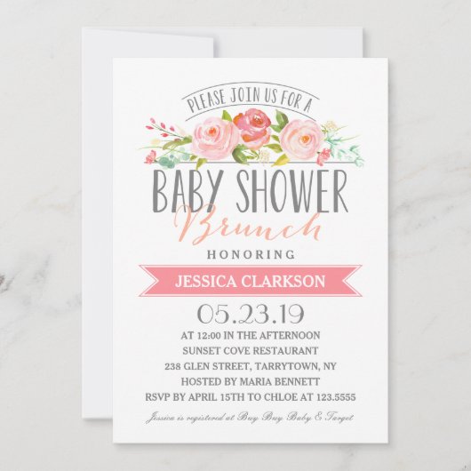 Roos Banner Brunch | Uitnodiging tot Baby shower (Voorkant)