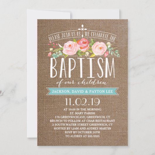 Roos Banner Burlap | Multiples Baptism Invitation Kaart (Voorkant)