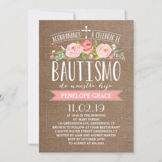 Roos Banner Burlap | Spaanse Bautismo Kaart (Voorkant)