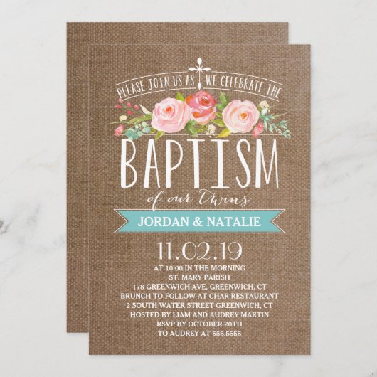 Roos Banner Burlap | Uitnodiging voor tweelingdoop (Voorkant / Achterkant)