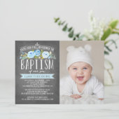 Roos Banner Chalkboard Blue Baptism Invitation Kaart (Staand voorkant)