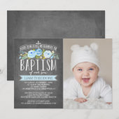 Roos Banner Chalkboard Blue Baptism Invitation Kaart (Voorkant / Achterkant)