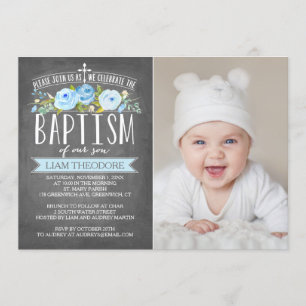 Roos Banner Chalkboard Blue Baptism Invitation Kaart