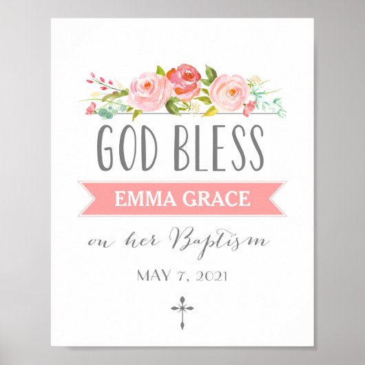 Roos banner | God Bless | Roze baptismembeken Poster (Voorkant)