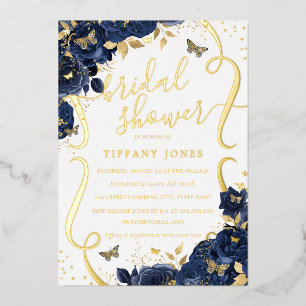 Roos Bloem Vlinder Navy Goud Bruiloft  Folie Uitnodiging