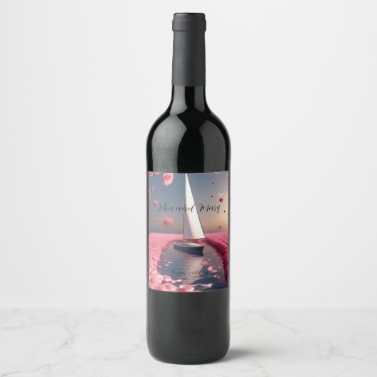 Roos bloem zeilboot trouwsticker wijn etiket (Voorkant)