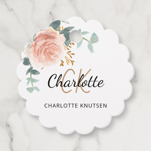 Roos Bloemen Eucalyptus Monogram Naam Business lab Bedankjes Labels (Voorkant)