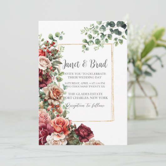 Roos Bloemen Eucalyptus QR Code Huwelijk Kaart (Staand voorkant)