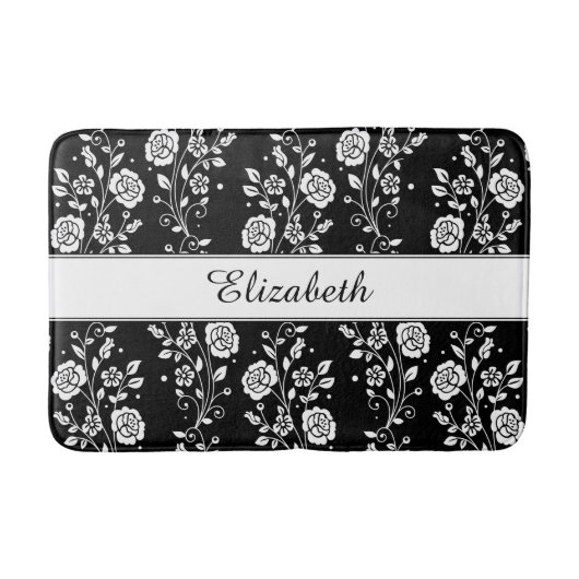Roos bloemen Floral Pattern Black & White Name Badmat (Voorkant)