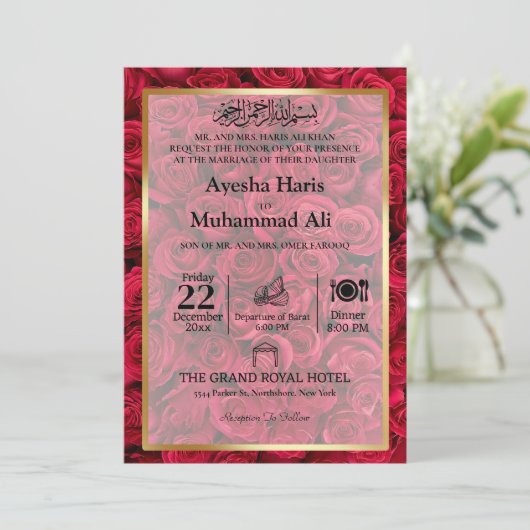 Roos Bloemen Goud Lijst Islamitisch Moslim Bruilof Kaart (Staand voorkant)