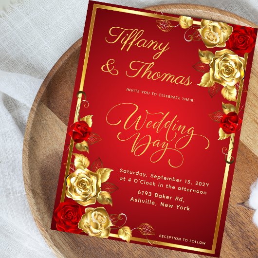 Roos Bloemen Rood en Goud Huwelijksthema Kaart