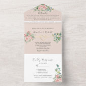 Roos Bloemen Stoffig Roze Bruiloft All In One Uitnodiging (Binnen)