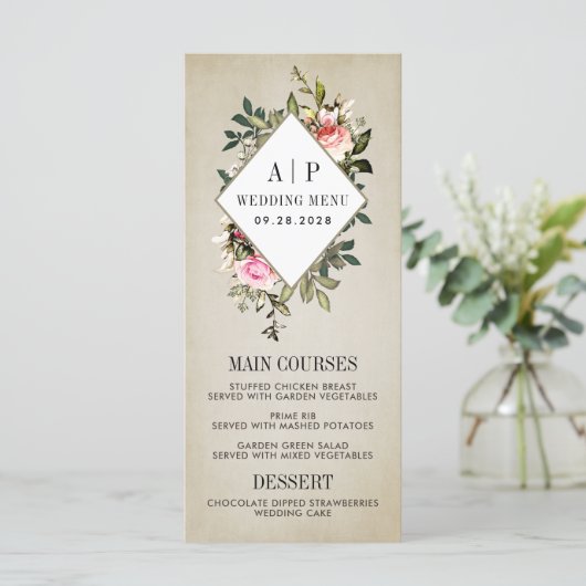 Roos Bloemengroen Bruiloft Menu Kaarten (Staand voorkant)