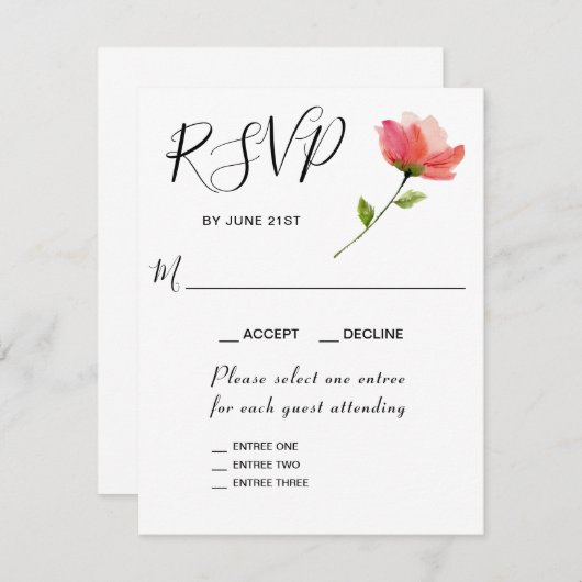 Roos Bloemige Elegante 3 Gang RSVP-reactiekaart RSVP Kaartje (Voorkant / Achterkant)