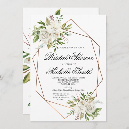 Roos Bloemige Geometrische Trouwfeest Uitnodiging (Voorkant / Achterkant)