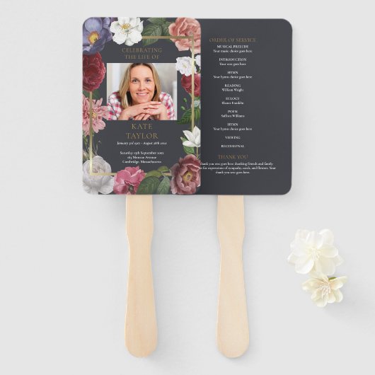 Roos Bloemige Roufoto Order van Dienst Programma Handwaaier (Voorkant en achterkant)