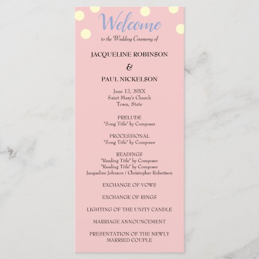 Roos Blue Cream Polka Dots Wedding Programme Programma (Voorkant)