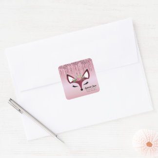 Roos Blush Glitter Paint Girly Fox Envelope Seal Vierkante Sticker