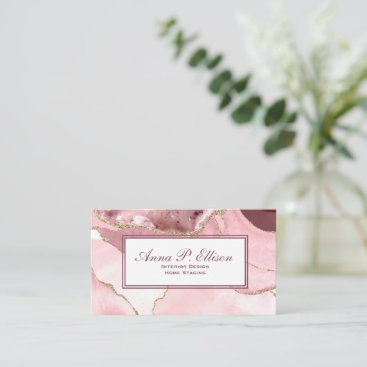 Roos Blush & Gold Glitter Agate QR Code Visitekaartje (Staand voorkant)