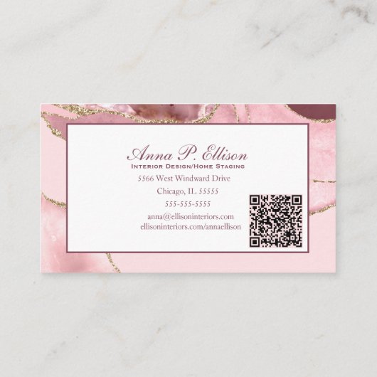 Roos Blush & Gold Glitter Agate QR Code Visitekaartje (Achterkant)