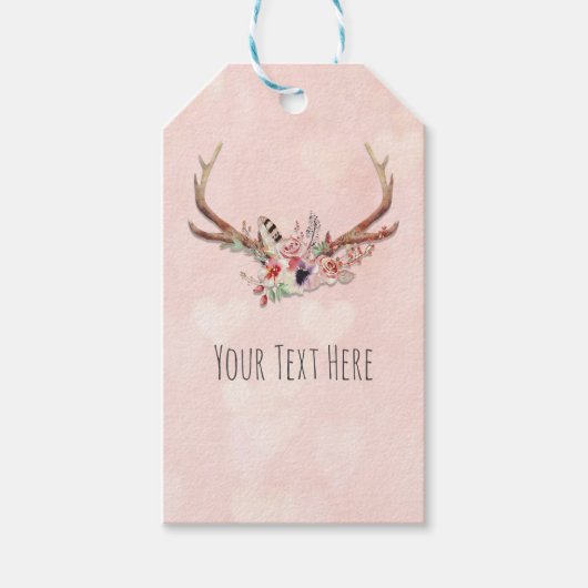 Roos Blush Pink Floral Deer Antlers Boho Chic Cadeaulabel (Voorkant)