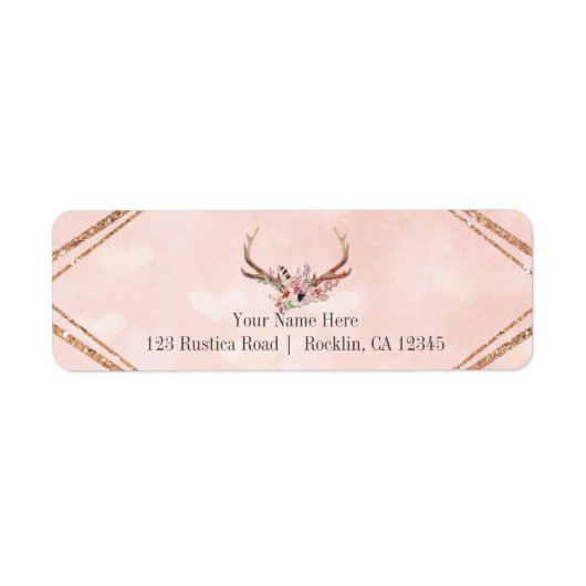 Roos Blush Pink Floral Deer Antlers Boho Chic Etiket (Voorkant)