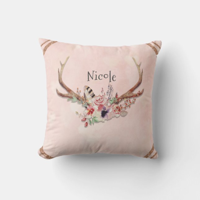 Roos Blush Pink Floral Deer Antlers Boho Chic Kussen (Voorkant)