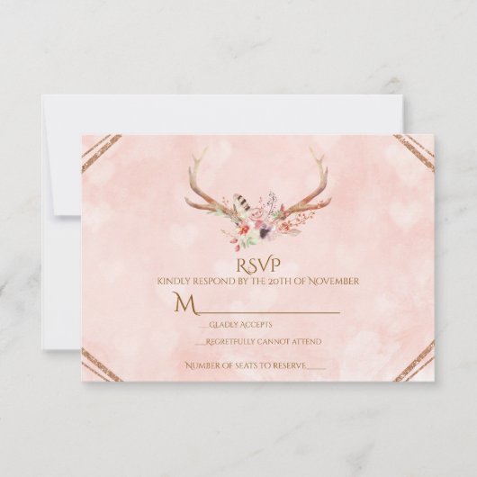 Roos Blush Pink Floral Deer Antlers Boho RSVP (Voorkant)