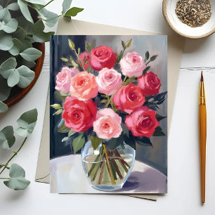 Roos Boeket   Rode Bloemige Aquarel Schildering Briefkaart
