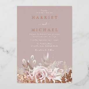 Roos Boho Floral Lijst Wedding Real Folie Uitnodiging