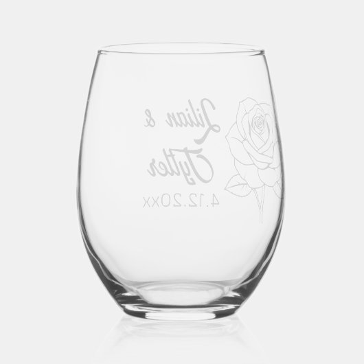 Roos, bruid en bruidegom naam en trouwdatum wijnglas zonder voet (Achterkant)