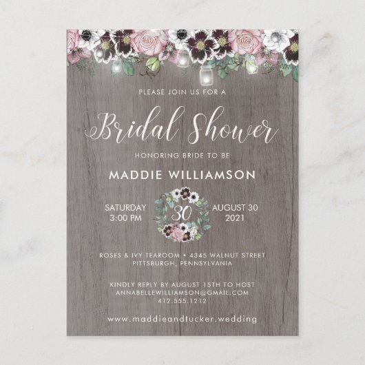 Roos Burgundy Rustic Boho Bridal Shower Briefkaart (Voorkant)