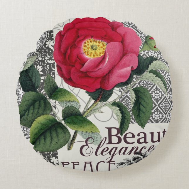 Roos Damask  Floral Antiek Rond Kussen (Voorkant)