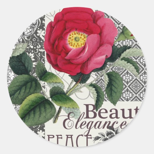 Roos Damask  Floral Antiek Ronde Sticker (Voorkant)