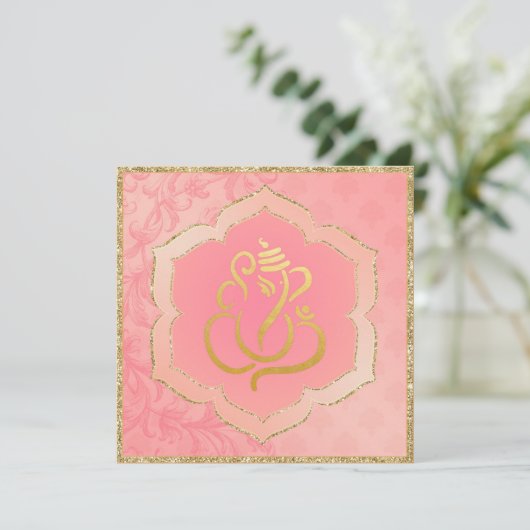 Roos Damask Gold Ganesh Indian Weddenschap Kaart (Staand voorkant)