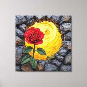 Roos die uit een gat in een stenen muur groeit canvas afdruk