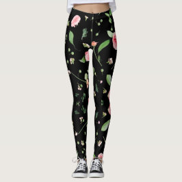 Roos en bladeren op romantische zwarte achtergrond leggings