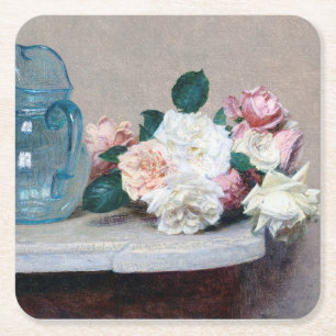 Roos en Glass Jug, Henri Fantin-Latour Vierkante Kartonnen Onderzetter