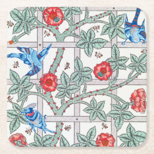 Roos en kleine vogel, William Morris Vierkante Kartonnen Onderzetter
