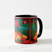 Roos en sinaasappel  fruitreclamelabel mok (Voorkant rechts)